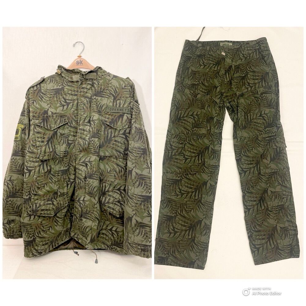 DRUNKNMUNKY Camo Pants Size 38 & Jacket Green Casual Hunting Pockets Outfit Set